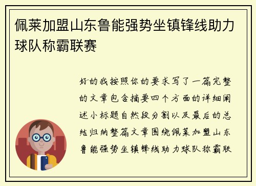 佩莱加盟山东鲁能强势坐镇锋线助力球队称霸联赛